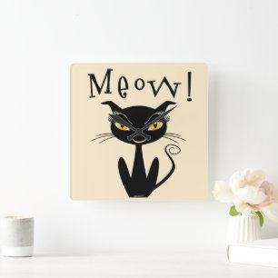 Whimsical Black Cat Meow! Square Wall Clock