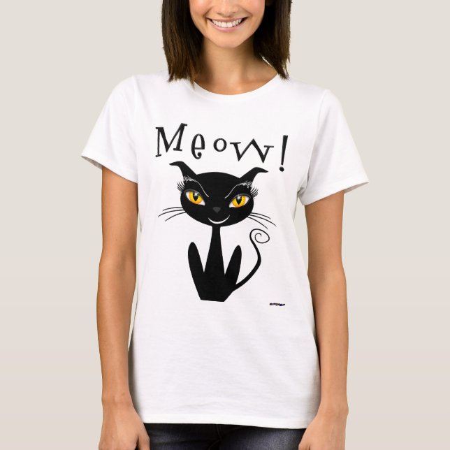 Whimsical Black Cat Meow! T-Shirt (Front)