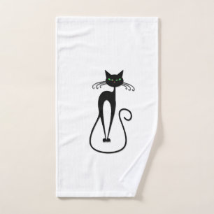 Whimsical Black Cat Piercing Green Eyes Hand Towel