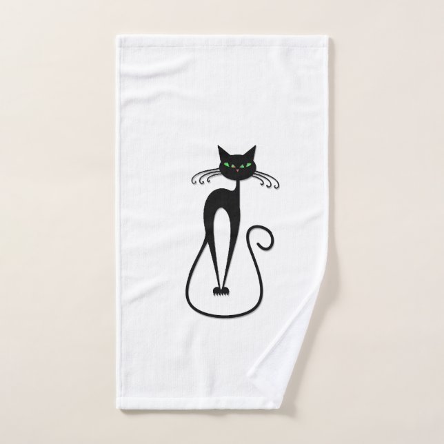 Whimsical Black Cat Piercing Green Eyes Hand Towel (Hand Towel)