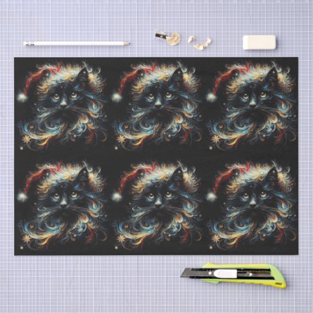 Whimsical Black Cat Santa Christmas Hat Decoupage Tissue Paper (Craft)