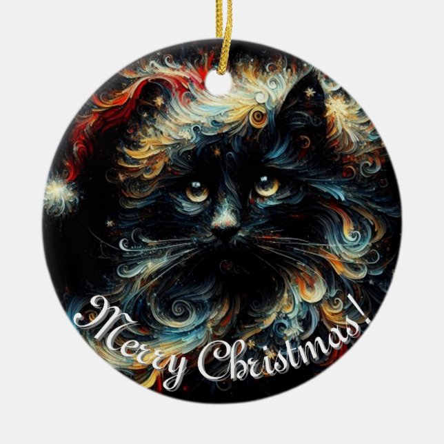 Whimsical Black Cat Santa Christmas Hat Seasonal  Ceramic Ornament (Front)