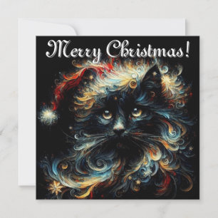 Whimsical Black Cat Santa Christmas Hat Seasonal  Holiday Card