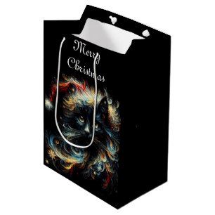 Whimsical Black Cat Santa Christmas Hat Seasonal Medium Gift Bag