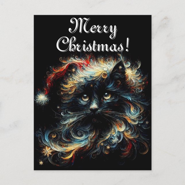 Whimsical Black Cat Santa Christmas Hat Seasonal  Postcard (Front)