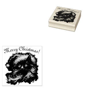 Whimsical Black Cat Santa Christmas Hat Seasonal  Rubber Stamp