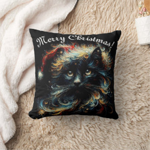 Whimsical Black Cat Santa Christmas Hat Seasonal Throw Pillow