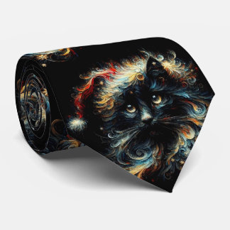 Whimsical Black Cat Santa Christmas Hat Seasonal  Tie