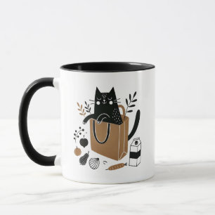 Whimsical Black Cat Sitting Inside a Grocery Bag Mug