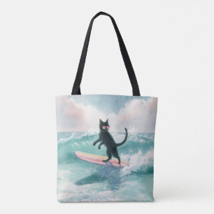 Whimsical Black Cat Surfer Tote