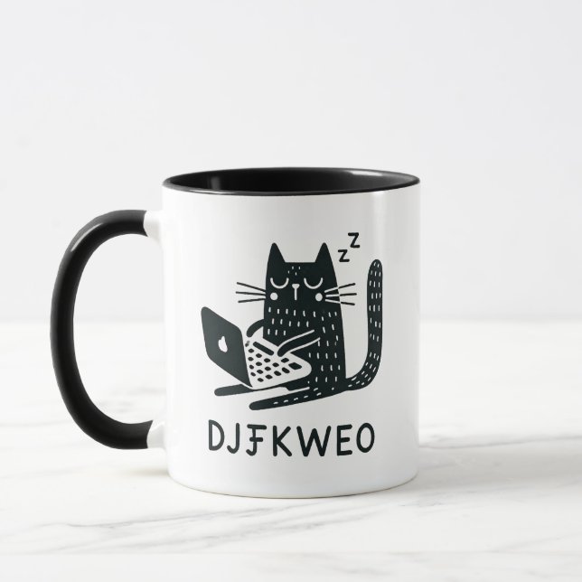 Whimsical Black Cat Typing Mystical Wisdom Mug (Left)