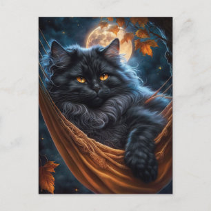 Whimsical Black Cat under the Halloween Moon Postcard