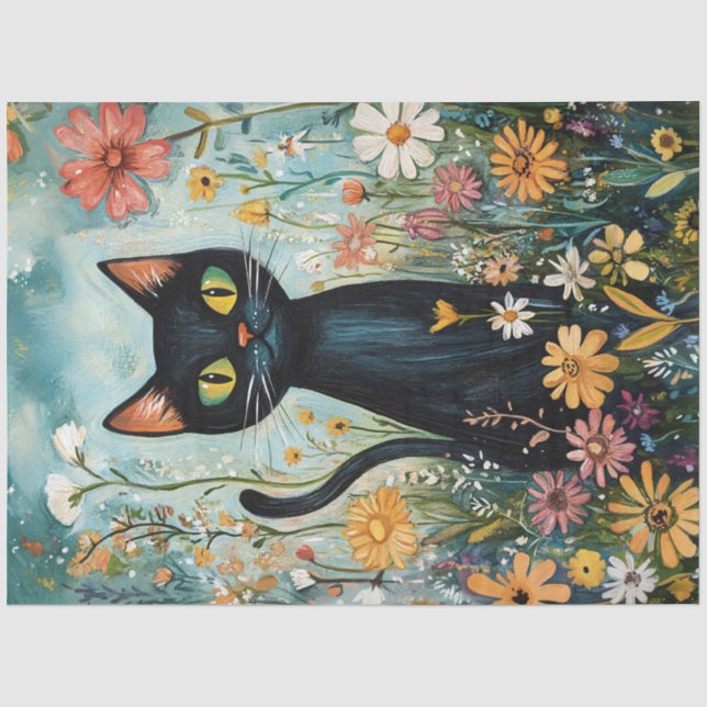 Whimsical Black Cat with Wildflowers Decoupage Tissue Paper (Front)