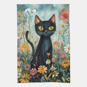 Whimsical Black Cat with Wildflowers Illustration Kitchen Towel