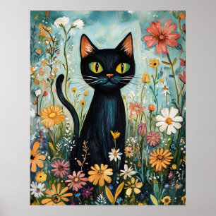 Whimsical Black Cat with Wildflowers Illustration Poster