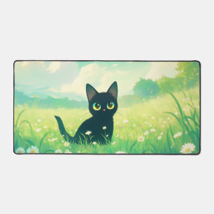 Whimsical Black Cat Yellow Eye Sunny Daisy Meadow Desk Mat
