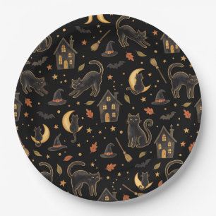 Whimsical Black Cats & Haunted Houses Halloween Paper Plate