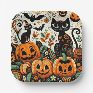 Whimsical Black Cats, Pumpkins and Bats Paper Plate