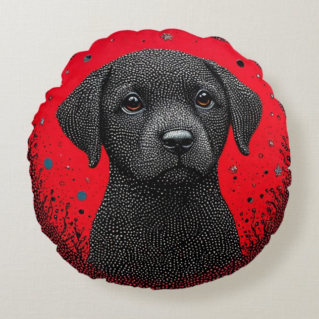 Whimsical Black Dog Round Pillow (Front)