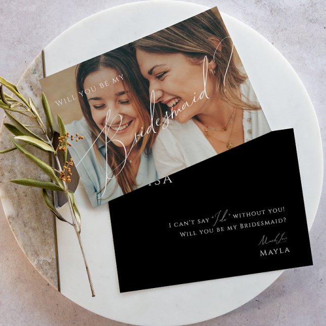 Whimsical Black Faded Photo Bridesmaid Card (Creator Uploaded)