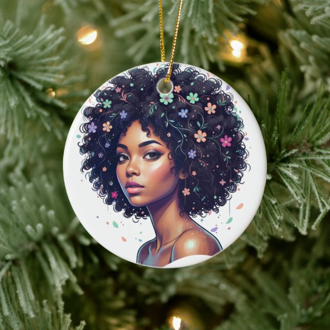 Whimsical Black Girl W/ Flower Adorned Afro Ceramic Ornament (Tree)