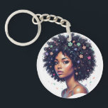 Whimsical Black Girl W/ Flower Adorned Afro Keychain<br><div class="desc">Celebrate the beauty and diversity of black women with this sweet print showcasing an AfricanAmerican young lady wearing her crowning glory in a classic round curly afro. Her naturally curly afro is accented with joyful flowers. Check out the Beautifully Black shop for matching items!</div>