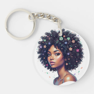 Whimsical Black Girl W/ Flower Adorned Afro Keychain