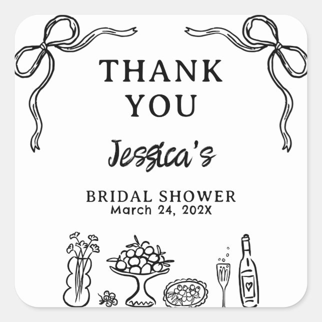 Whimsical Black Hand Drawn Bridal Shower Favour  Square Sticker (Front)