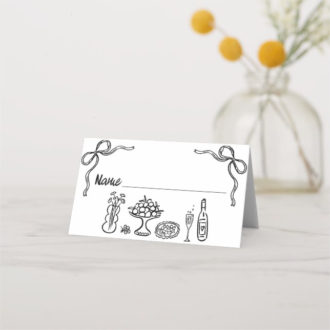 Whimsical Black Hand Drawn Bridal Shower  Place Card (Front)