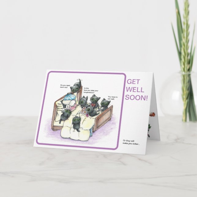 whimsical black kitty get well card (Front)