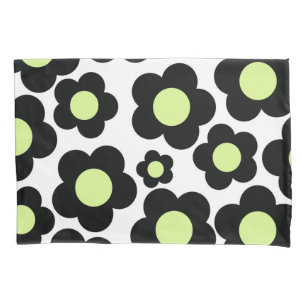 Whimsical Black & Lime Green Floral Retro Cheerfu Pillowcase