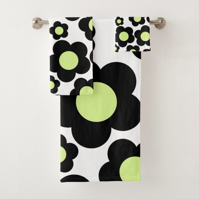 Whimsical Black & Lime Green Floral Retro Cheerful Bath Towel Set (Insitu)