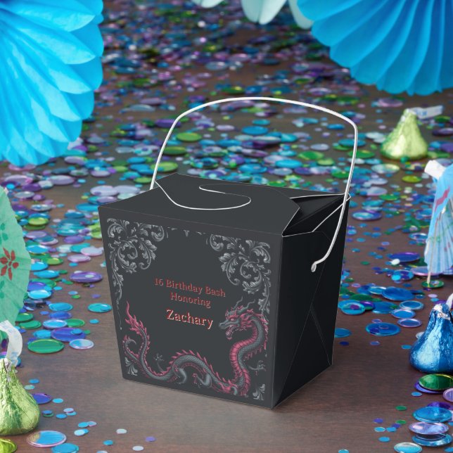 Whimsical Black Red Dragon Damask Sweet 16 Bash Favor Box (Party)