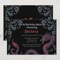 Whimsical Black Red Dragon Damask Sweet 16 Bash