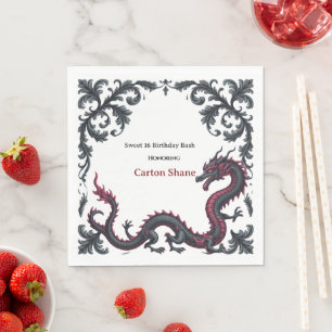 Whimsical Black Red Dragon Damask Sweet 16 Bash Napkin