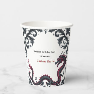 Whimsical Black Red Dragon Damask Sweet 16 Bash Paper Cups