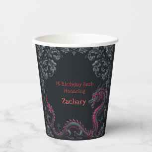 Whimsical Black Red Dragon Damask Sweet 16 Bash Paper Cups