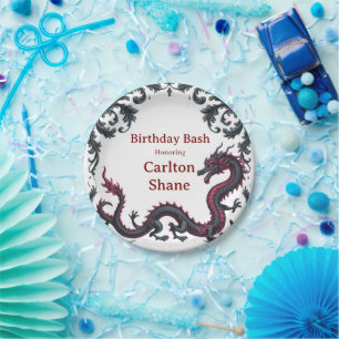 Whimsical Black Red Dragon Damask Sweet 16 Bash Paper Plate