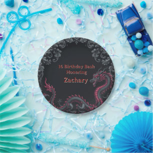 Whimsical Black Red Dragon Damask Sweet 16 Bash Paper Plate