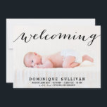 Whimsical Black Script Photo Birth Announcement<br><div class="desc">Fun and whimsical birth announcement featuring whimsical script and striped back. This is available in variety of colours.</div>