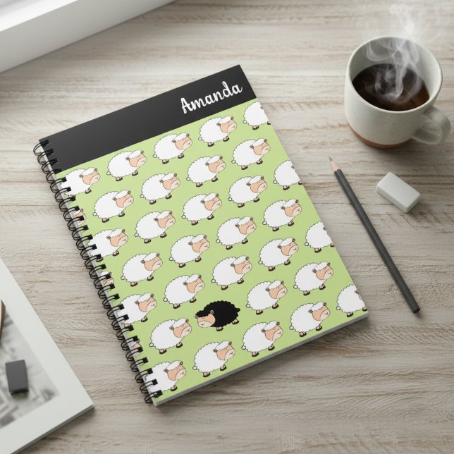 Whimsical Black Sheep Custom Name Spiral Notebook (Whimsical black sheep spiral notebook with custom name.)