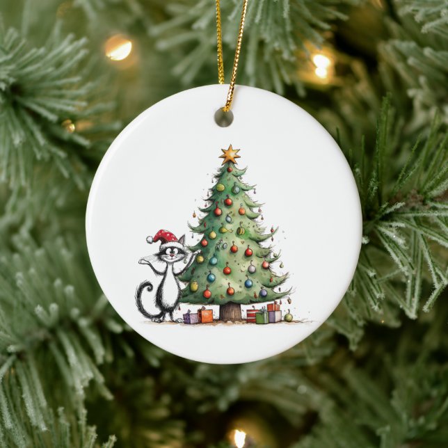 Whimsical Black Tuxedo Cat with Christmas Tree Ceramic Ornament (Tree)