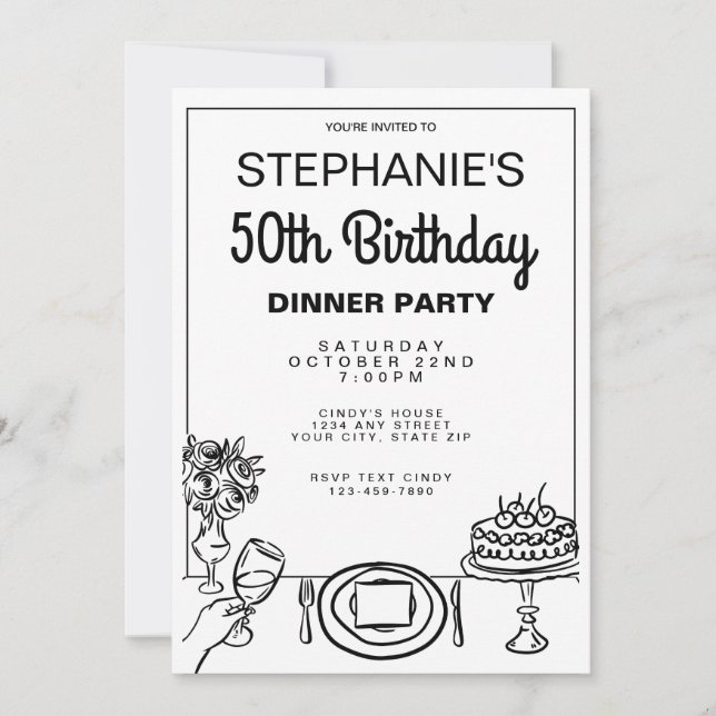Whimsical Black & White 50th Birthday Dinner Party Invitation (Front)
