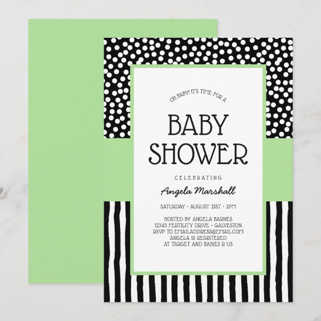 Whimsical Black White and Green Baby Shower Invitation (Front/Back)