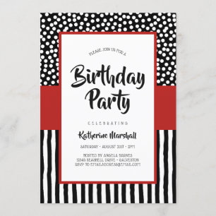 Whimsical Black White and Red Birthday Invitation