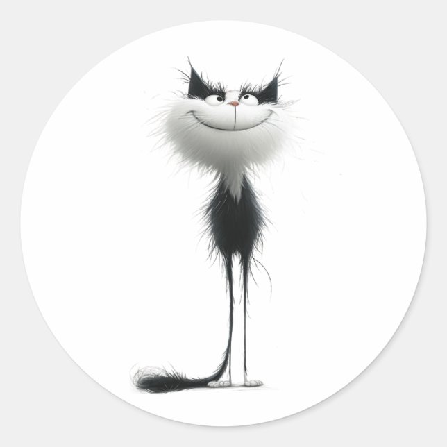Whimsical Black White Grinning Cat Illustration Classic Round Sticker (Front)