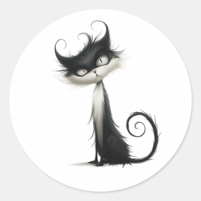 Whimsical Black White Mischievous Cat Illustration Classic Round Sticker (Front)