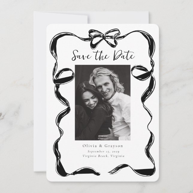 Whimsical Black White  Photo  Bow Save the Date (Front)