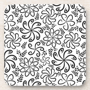 Whimsical Black White Spiral Floral Leaf Pattern Coaster