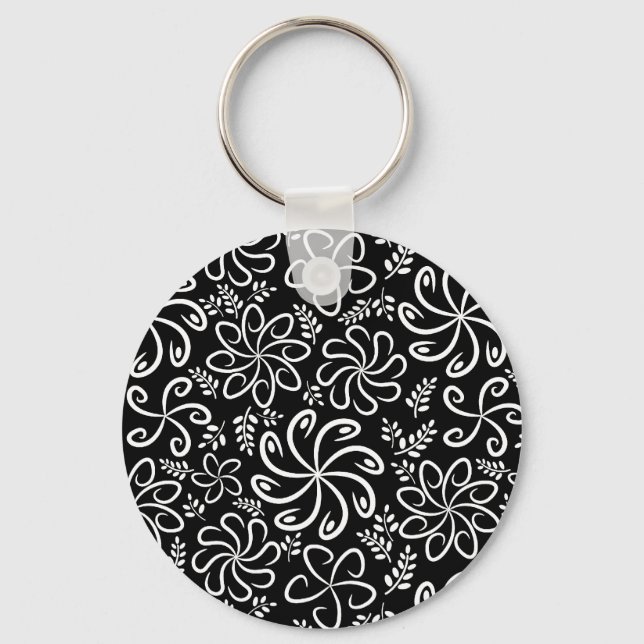 Whimsical Black White Spiral Flower Leafs Pattern Keychain (Front)